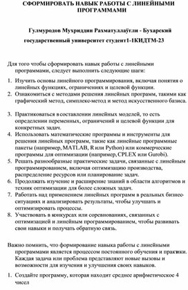 СФОРМИРОВАТЬ НАВЫК РАБОТЫ С ЛИНЕЙНЫМИ ПРОГРАММАМИ