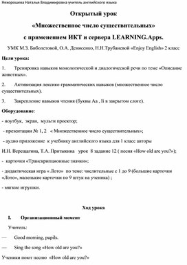 Открытый урок «Множественное число существительных» с применением ИКТ и сервера LEARNING.Apps.