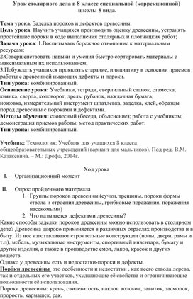 Обложка для материала конспект урока "Заделка пороков и дефектов древесины"