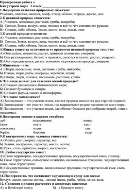 Обложка для материала Проверочная работа по окружающему миру 3 класс