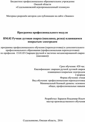 Обложка для материала Программа профессионального модуля ПМ.02 Ручная дуговая сварка (наплавка, резка) плавящимся покрытым электродом