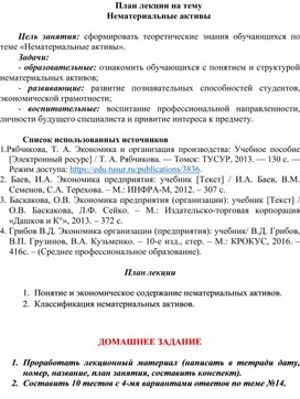 Обложка для материала План лекции на тему Нематериальные активы