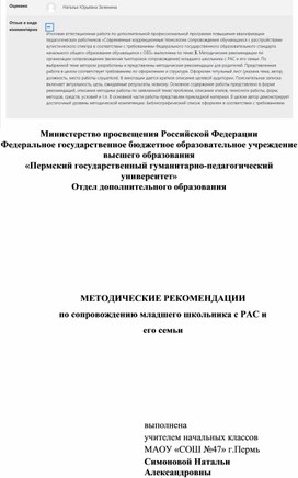 Методические рекомендации по сопровождению младшего школьника с РАС  и его семьи