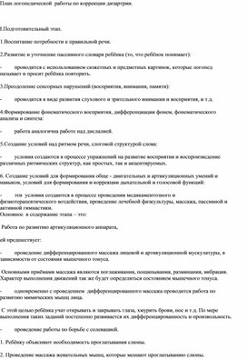 Обложка для материала План логопедической работы по коррекции дизартрии
