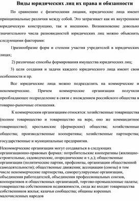 Виды юридических лиц их права и обязанности