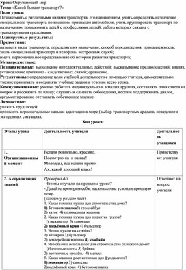 Технологическая карта  "Какой бывает транспорт?"