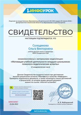 Обложка для материала Свидетельство "Мотивация учебной деятельности"