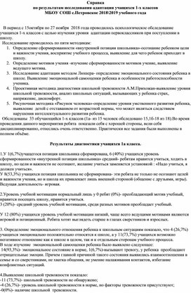 Справка по результатам исследования адаптации учащихся 1-х классов  МБОУ СОШ с.Петровское 2018\2019 учебного года