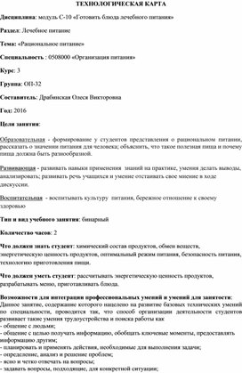 Методическая разработка урока на тему: "Рациональное питание"