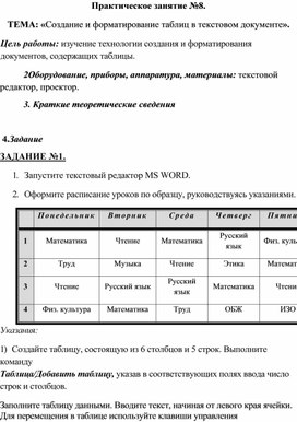 Обложка для материала ТЕМА: «Создание и форматирование таблиц в текстовом документе».