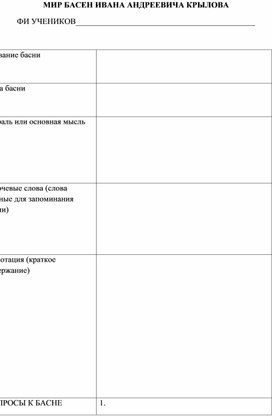 Рабочие листы для работы на уроке в 5 классе "Басенный мир Крылова"