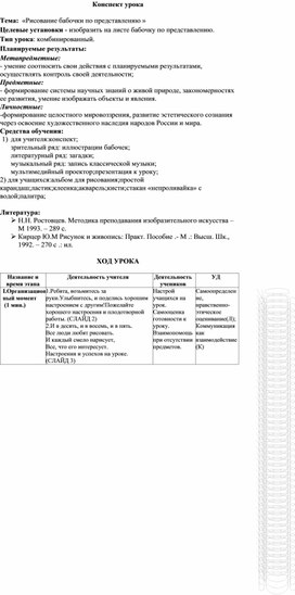 Конспект урока"Рисование бабочки по представлению"