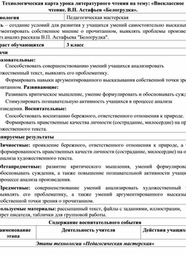 Технологическая карта урока литературного чтения в 3 классе на тему: «Внеклассное чтение. В.П. Астафьев «Белогрудка»