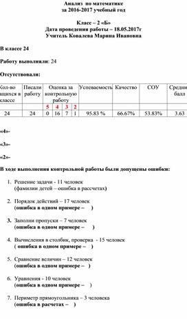 Анализ контрольной работы по математике  за 4 четверть 2 класс