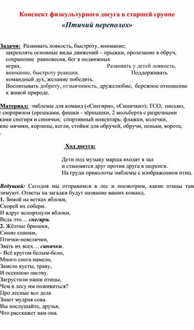 Конспект физкультурного досуга в старшей группе «Птичий переполох»