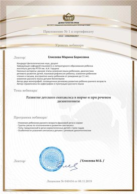 Обложка для материала "Развитие детского синтаксиса ..." Приложение к сертификату