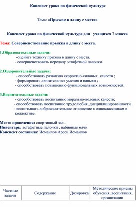 Конспект урока по физической культуре      Тема: «Прыжок в длину с места»