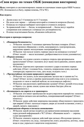 Обложка для материала «Своя игра» по темам ОБЖ (командная викторина)
