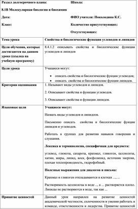 Обложка для материала План урока по теме: Углеводы