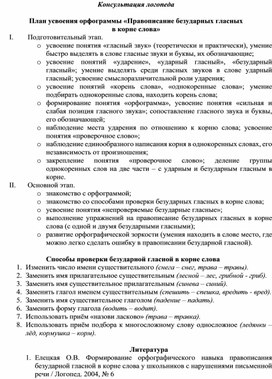 План усвоения орфограммы "Правописание безударных гласных в корне слова"