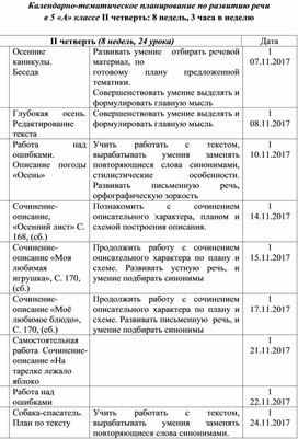 Обложка для материала Календарно-тематическое планирование по развитию речи  в 5 «А» классе II четверть: 8 недель, 3 часа в неделю