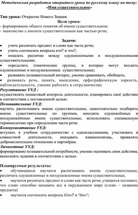 Методическая разработка открытого урока по русскому языку на тему: «Имя существительное»