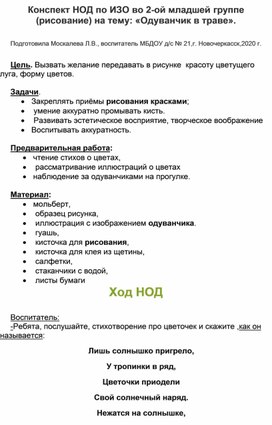 Конспект НОД по ИЗО (рисование) во 2-ой младшей группе на тему: "Одуванчики в траве".