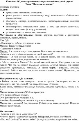 Конспект ОД по окружающему миру в первой младшей группе на тему: "Мишкин мешочек"