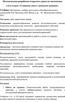 Конспект урока по теме"Сложение чисел с разными знаками" ( 6 класс математика)