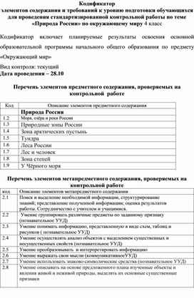 Спецификация и кодификатор контрольной работы по окружающему миру 4 класс по теме "Природа России"