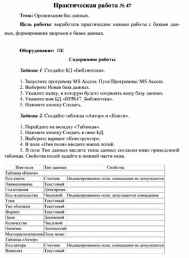 Обложка для материала Практическая работа № 47 Тема: Организация баз данных.