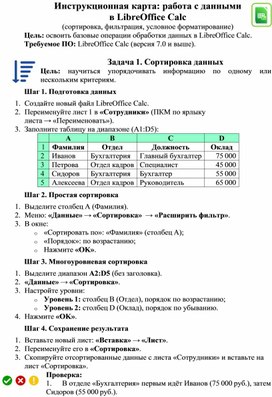 Обложка для материала Инструкционная карта по сортировке, фильтрации и условному форматированию
