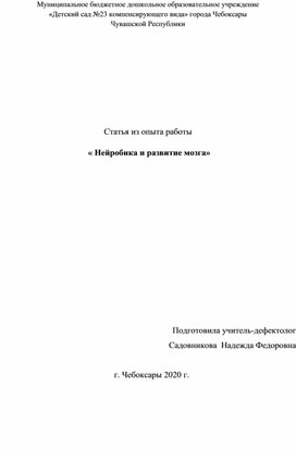 Статья из опыта работы  « Нейробика и развитие мозга»