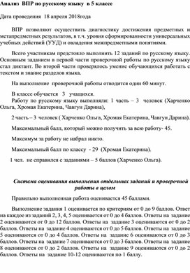 Анализ  ВПР по русскому языку  в 5 классе   Дата проведения  18 апреля 2018года  ВПР позволяют осуществить диагностику достижения предметных и метапредметных результатов, в т.ч. уровня сформированности универсальных учебных действий (УУД) и овладения межпредметными понятиями.