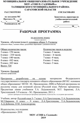 Рабочая программа по русскому языку  в 5-9 классе