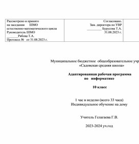 Обложка для материала Адаптированная рабочая программа по   информатике   10 класс