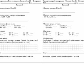 Проверочная работа по математике для 1 класса 4 четверть "Числа от 1 до 20"