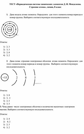 Тест "Периодическая система химических элементов Д. И. Менделеева. Строение атома"