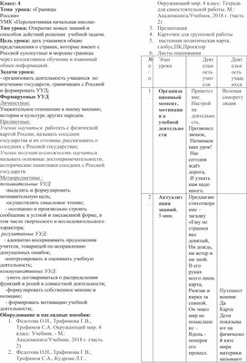 Технологическая карта урока по окружающему миру "Границы России", 4 класс, УМК "Перспективная начальная школа"