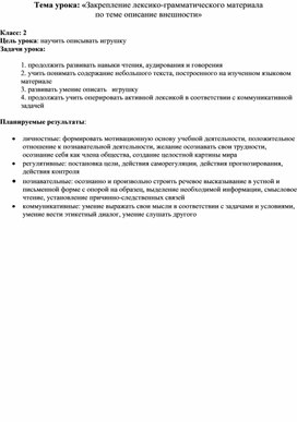 Методическая  разработка урока по теме "Описание внешности" во 2 классе