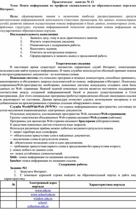 Обложка для материала Тема: Поиск информации по профилю специальности на образовательных порталах Интернет.