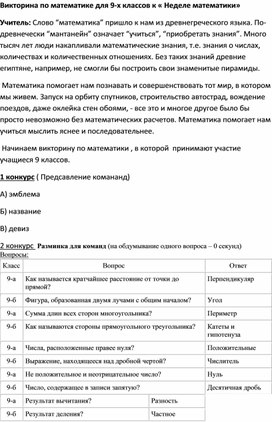 Обложка для материала викторина по мптематике для 9х классов