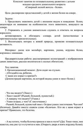 Конспект занятия по познавательному развитию с детьми младше-среднего дошкольного возраста «Северный лесной житель - белка».