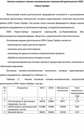 Доклаад на тему: Анализ основных технико-экономических показателей деятельности ООО «Транс-Трейд»