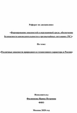 Формирование опасностей в окружающей среде. Обеспечение безопасности жизнедеятельности в чрезвычайных ситуациях (ЧС)