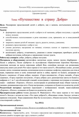 Обложка для материала Конспект НОД с использованием здоровьесберегающих, игровых технологий, музыкотерапии, художественного слова, элементов ТРИЗ, психогимнастики  Тема: «Путешествие  в  страну  Добра»