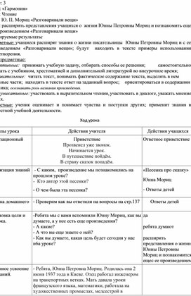 Конспект урока по чтению. Ю.Мориц "Разговаривали вещи" 3 класс