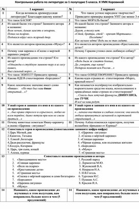 Контрольная работа по литературе за 1 полугодие 5 класса. К УМК Коровиной