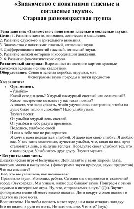 «Знакомство с понятиями гласные и согласные звуки». Старшая разновозрастная группа