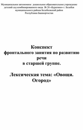 Конспект занятия на тему:"Овощи. Огород"